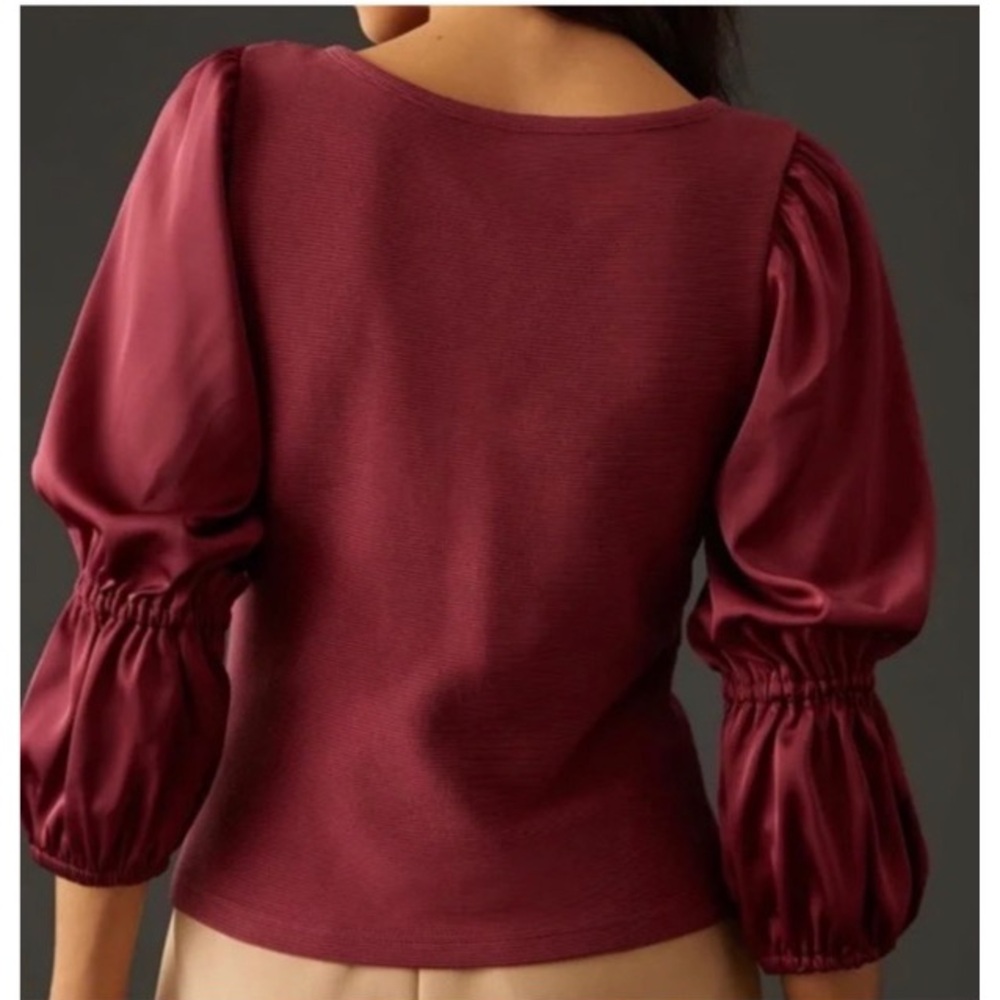 Maeve by Anthropologie Ribbed Tiered Long Sleeve Top in Burgundy Size Medium NEW - Picture 3 of 16